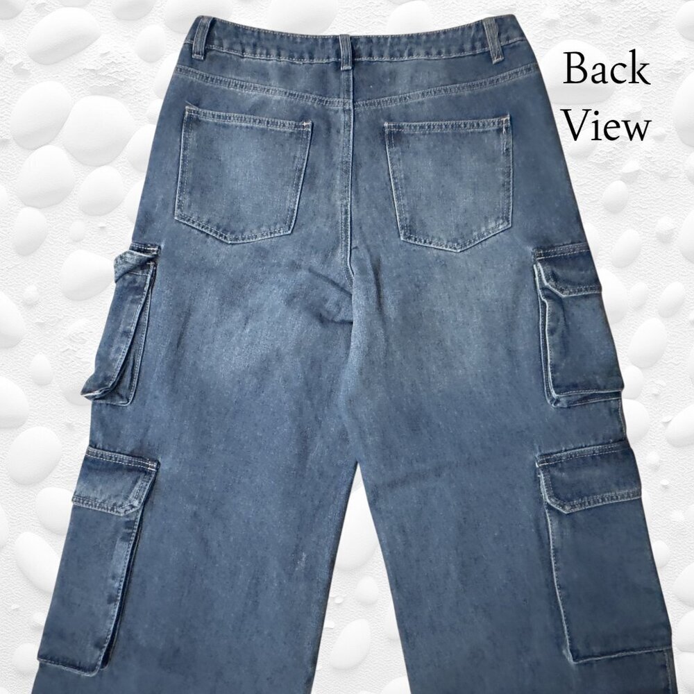 Fashion Nova High-Waisted Wide-Leg Denim Cargo Jeans – Size 11 - Picture 2 of 4